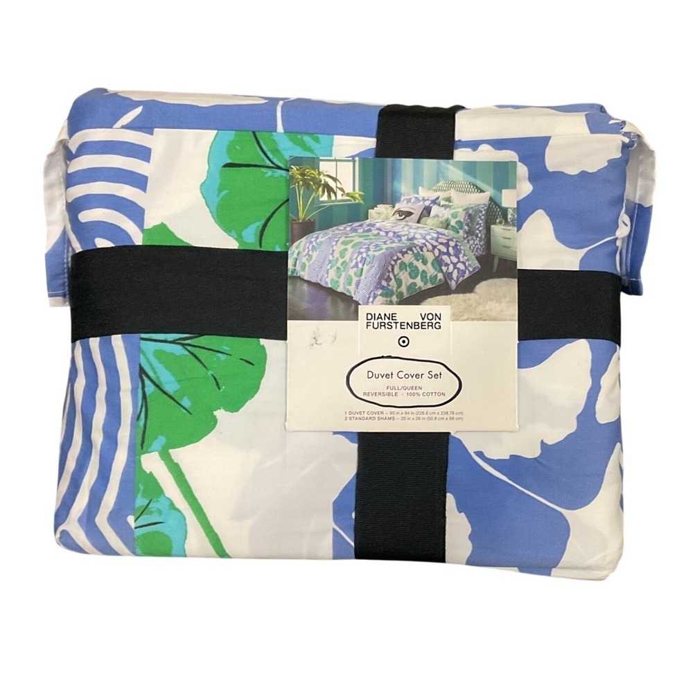 NWT Diane Von Furstenberg Duvet Cover Set Full Queen Floral Reversible - Picture 2 of 4